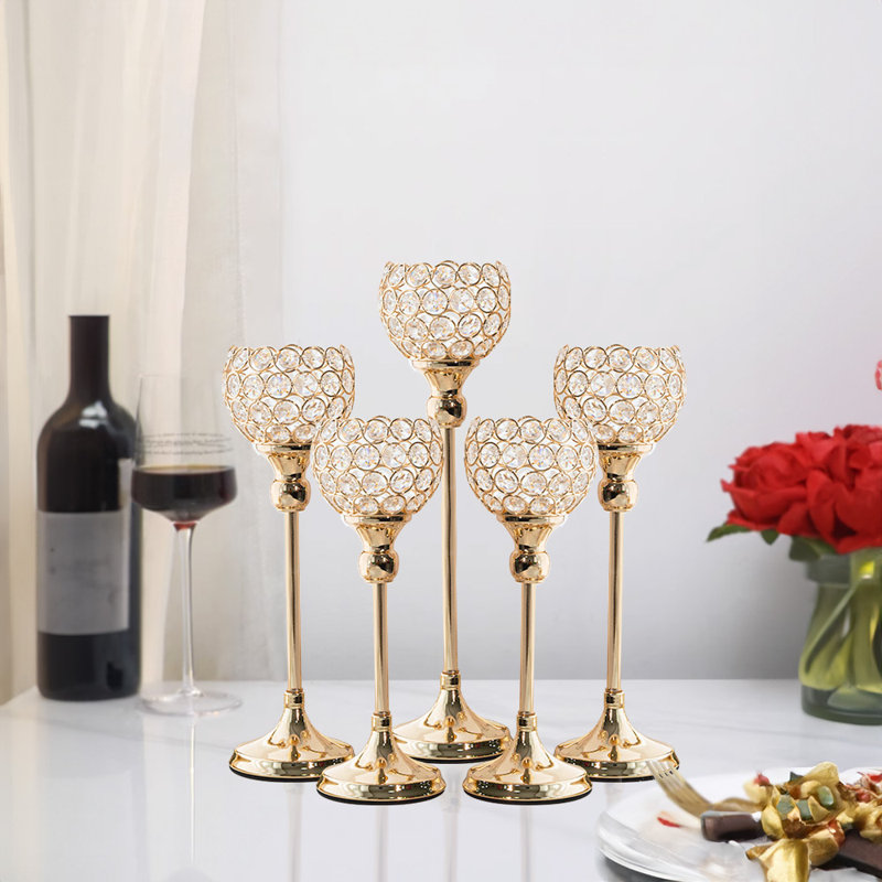 5 pièces porte-bougie en cristal doré, bougeoirs de lumière de thé pour la décoration de table de fête de mariage , Doré