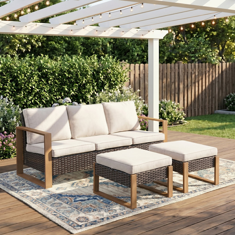 Canapé d'extérieur 75 po en osier avec coussins et repose-pieds Twowell, Beige, Brun
