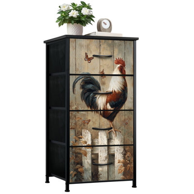 Commode de ferme rustique pour la chambre à coucher avec 4 tiroirs de rangement Coq de ferme Plumage noir et blanc Pliquet de piquet en bois
