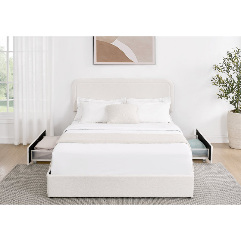 Contemporary Queen Bed With 4 Under Storage Compartments & Stable Frame Classic Style Adjustable Headboard