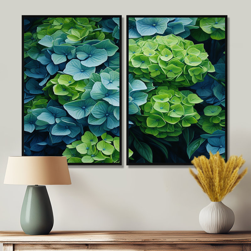 Ensemble de 2 grandes décorations murales vertes et bleues, Noir, H 36 po x l 48 po, Reproduction encadrée sans passe-partout