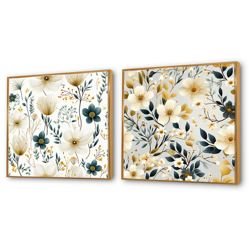 Francoise - Ensemble de 2 collages carrés floraux, H 16 po x l 33 po, Cadre flottant doré