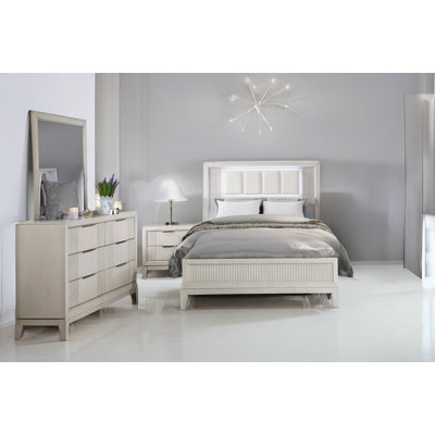 Marcel Antique White Upholstered LED Panel Bedroom Set