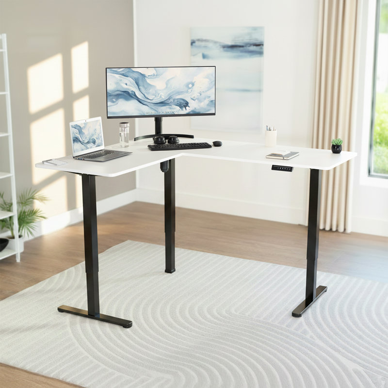 VIVO Electric Corner Standing Desk, White/Black, 55" x 63"