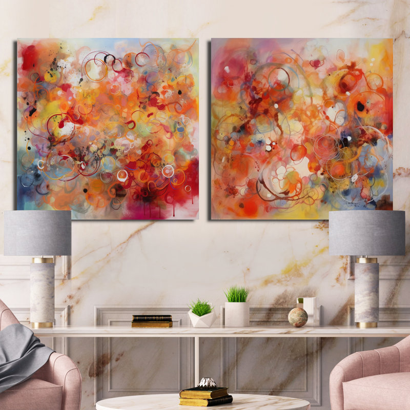 Ensemble de 2 collages carrés orange et rouge marbré Dreamscape, Toile tendue, H 30 po x l 61 po