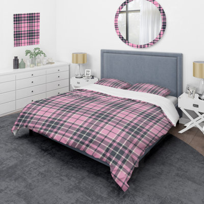 Tartan à carreaux rose et noir - Ensemble de housse de couette abstrait - Microfibre de polyester