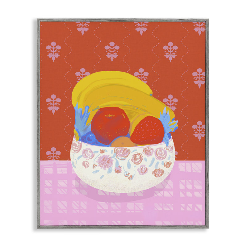 «Fruit Bowl», art giclée rouge audacieux, design par Dina Riddle, H 14 po x l 11 po, Estampe numérique Farmhouse