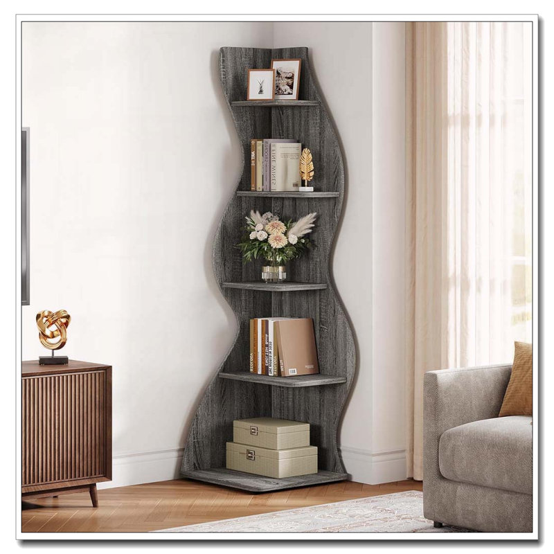69.8"Height 5-Tier Wavy Corner Bookshelf And Plant Stand For Living Room Small Space, Gray