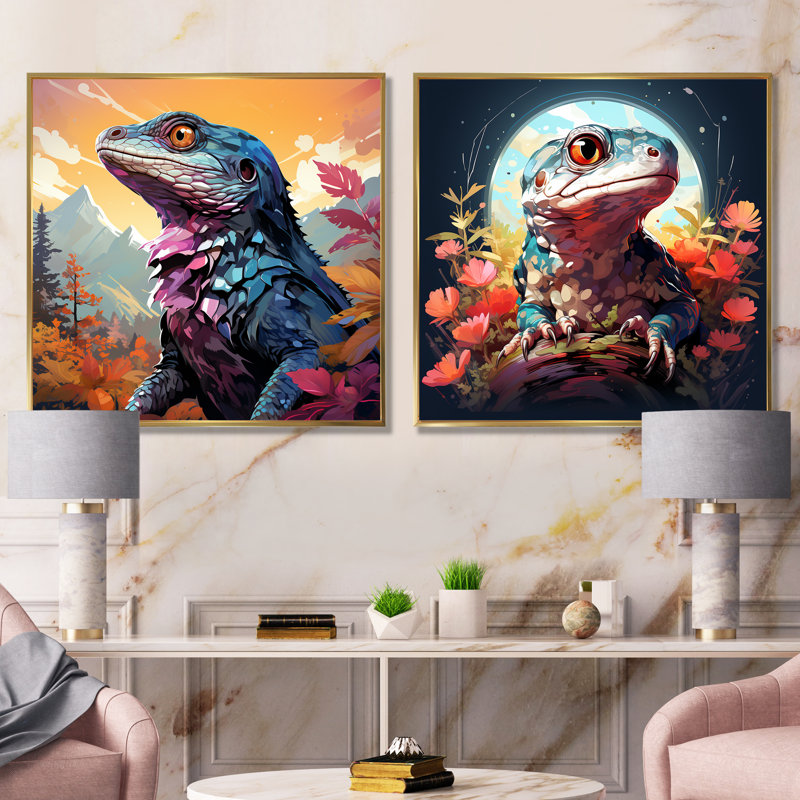 Salamandre reptile portrait I - ensemble de 2 impressions sur toile reptile / amphibien, Cadre flottant doré
