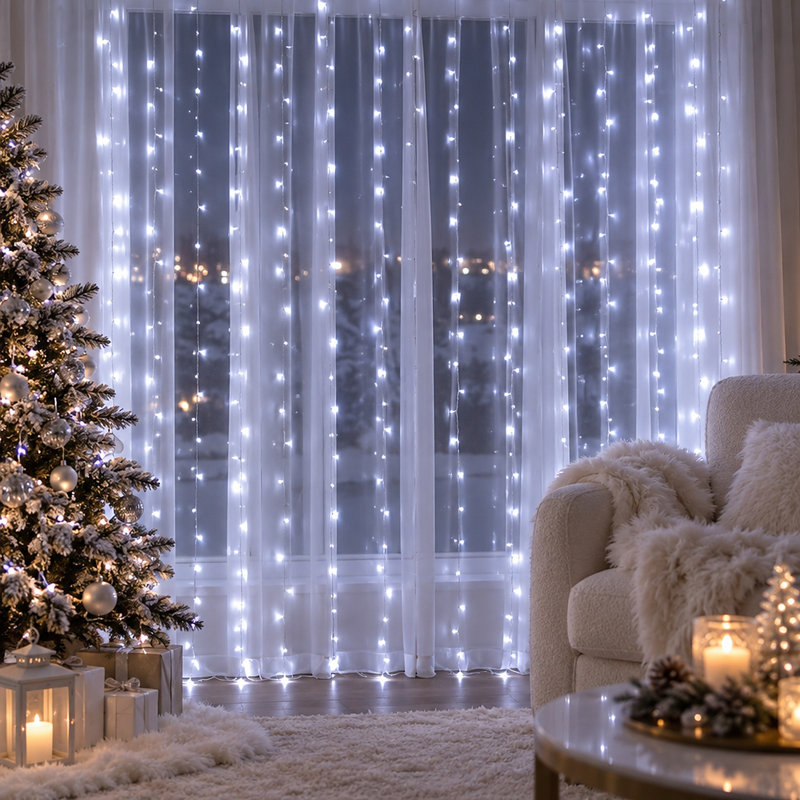 9.8ft × 9.8ft 320-LED Window Curtain String Light for Bedrooms and Holiday Decorating, 18W IP44 Waterproof, Pure White, 8 Modes, 110V