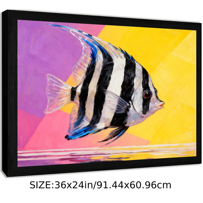 «Black Angelfish» rayé noir, impression de peinture marine vibrante et moderne, H 25 po x l 37 po