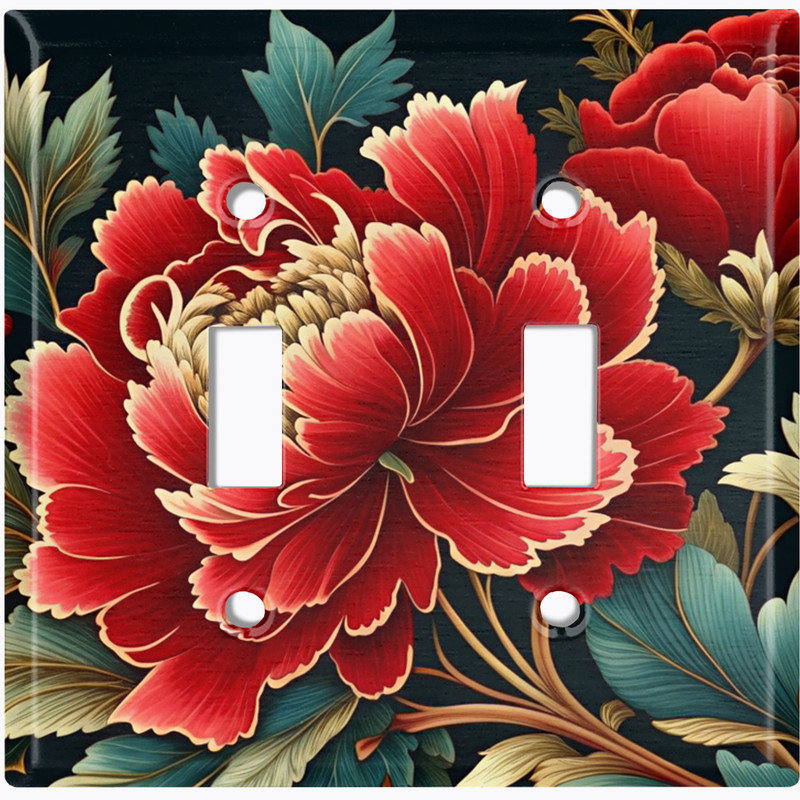 Couvercle de plaque d'interrupteur en métal; Bascule à 2 bandes US standard - Fleur de pivoine élégante, Double # 2