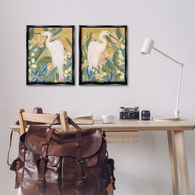Great Egret in Blooming Bushes 2 PC Black Framed Floater Canvas Set by June Erica Vess