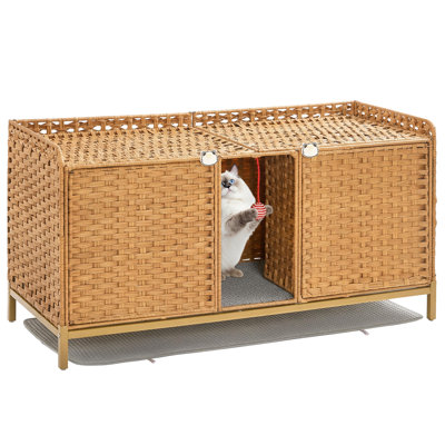 47.2-Inch Rattan Litter Box Enclosure, Double Cat Hidden Litterbox Furniture, Tan