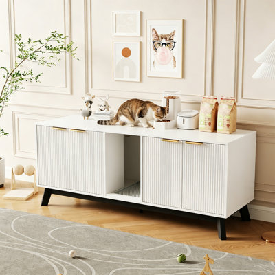 Enceinte de litière cachée en bois blanche pour chat 57 po 57 pouces | Table d'appoint double pour animaux avec litière
