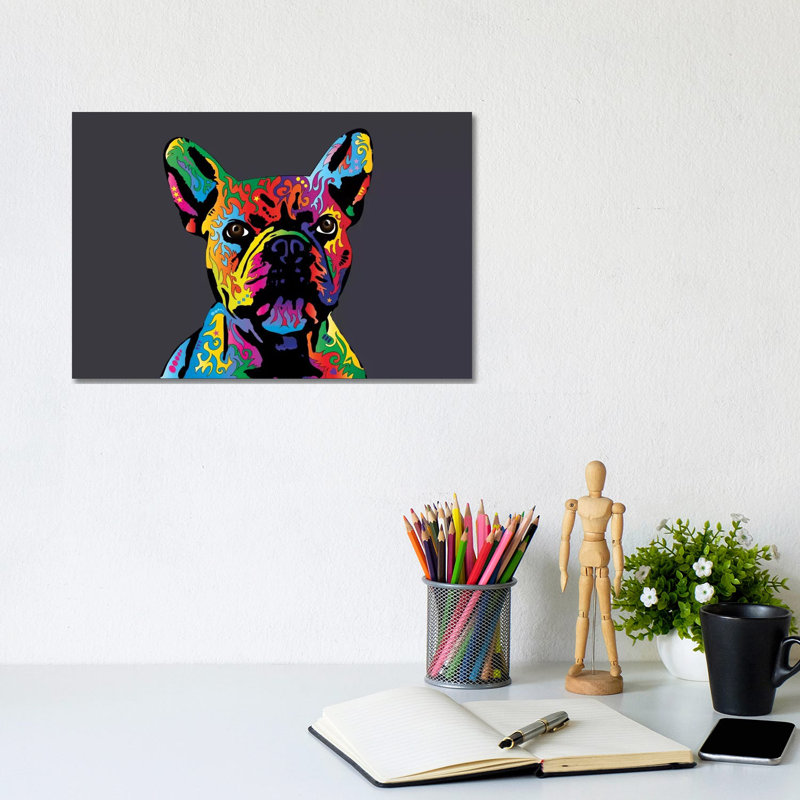 Rainbow French Bulldog On Grey by Michael Tompsett - Wrapped Canvas Print, 20.32 cm H x 30.48 cm W, Wrapped Canvas