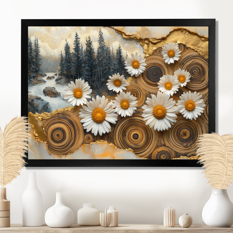 «Murraghn Daisies Flowers Forest Wooden Landscape I» - Art mural marguerites, H 24 po x l 32 po, Noir