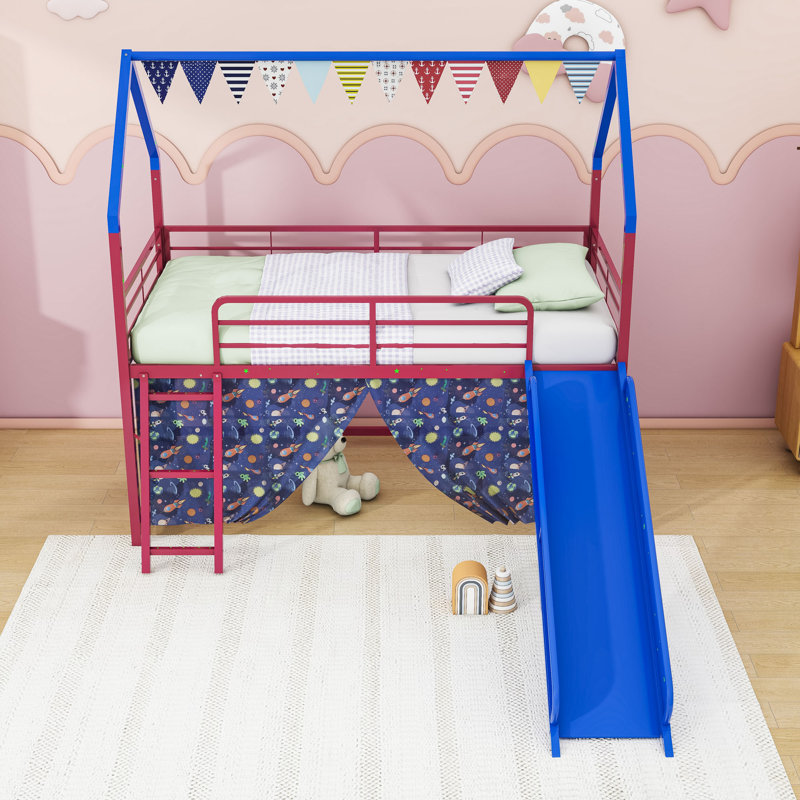 Twin Metal House Loft Bed With Slide And Playful Accessories, Red/Blue