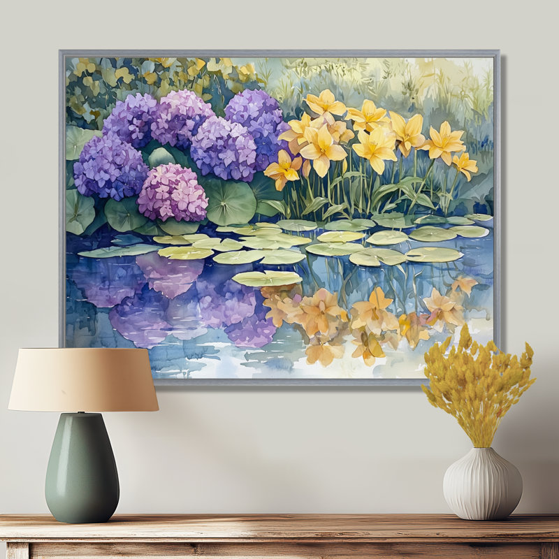 Imagen hortensias et lys au bord du lac III - hydrangées, décoration murale, H 30 po x l 40 po, Impression encadrée flottante