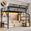 Lit mezzanine simple TG avec escalier de rangement, tablettes et garde-robe intégrée, cadre de lit mezzanine en métal avec ports USB et lumières DEL