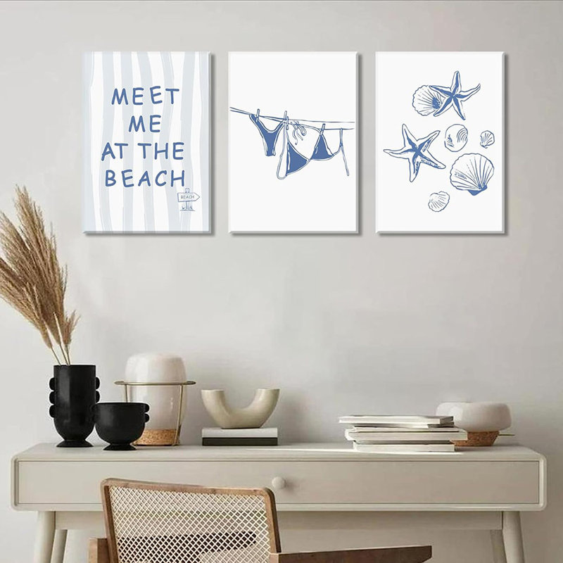 3Pcs Blue Trendy Coastal Beach Canvas Wall Art Bikini Seashell Meet Me At The Beach Wall Decor Pictures Coastal Preppy Aesthetic Poster Print For Bedroom Dorm Apartment Home Decoration
