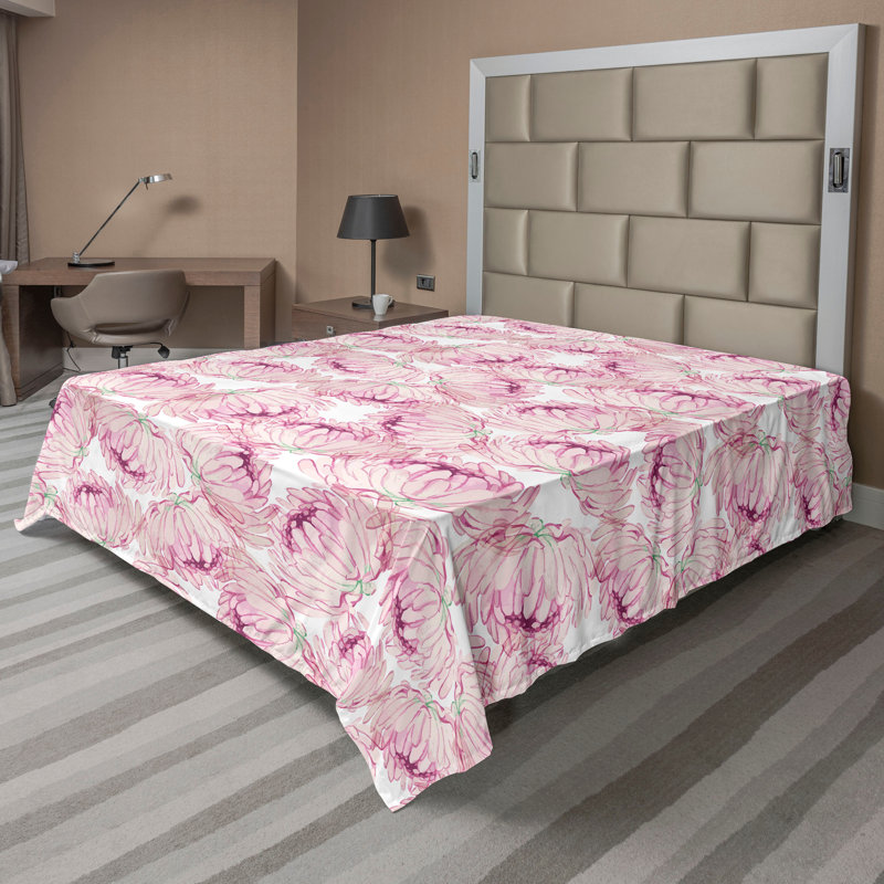Ambesonne, drap plat floral pivoines, art botanique printanier, Rose, fuchsia pâle, blanc / floral