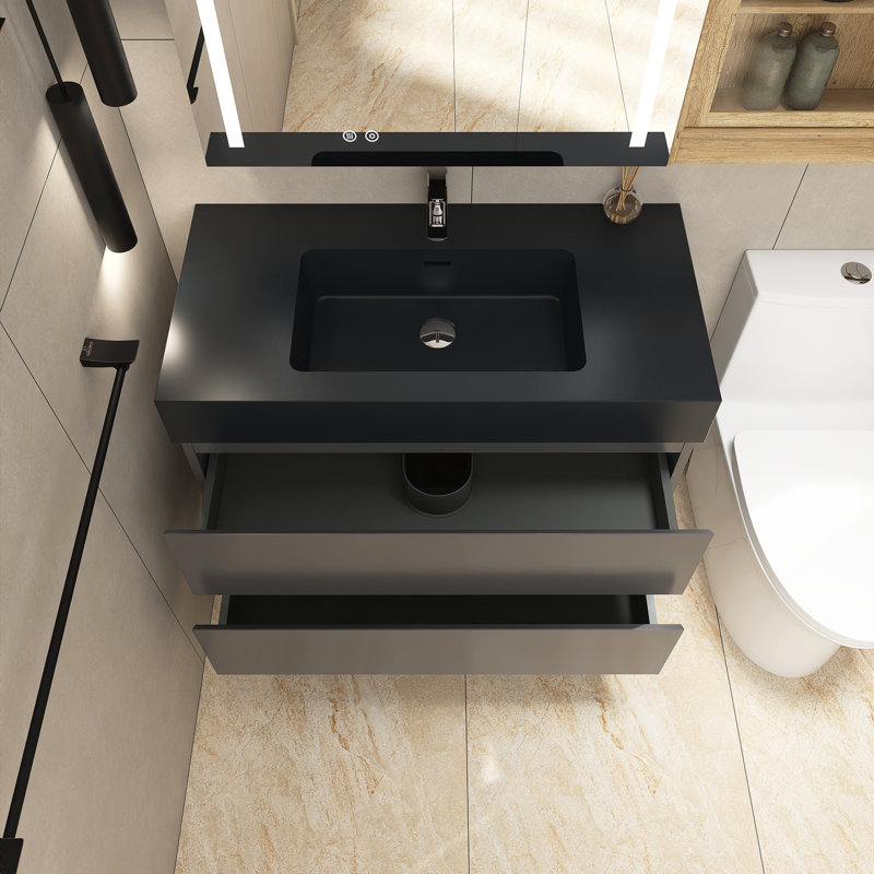 Sibin 35.8'' Single Bathroom Vanity with Solid Surface Top, Matte Black, Gray