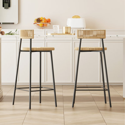 Ensemble de 2 tabourets de bar ronds avec dossier en corde de papier avec repose-pieds pour îlot de cuisine et salle à manger (noir et miel)