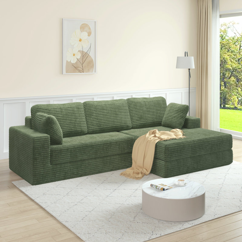 Boneless Comfy Compressed Sofa Couch Space-Efficient Design, Green Terrycloth, Right Hand Facing