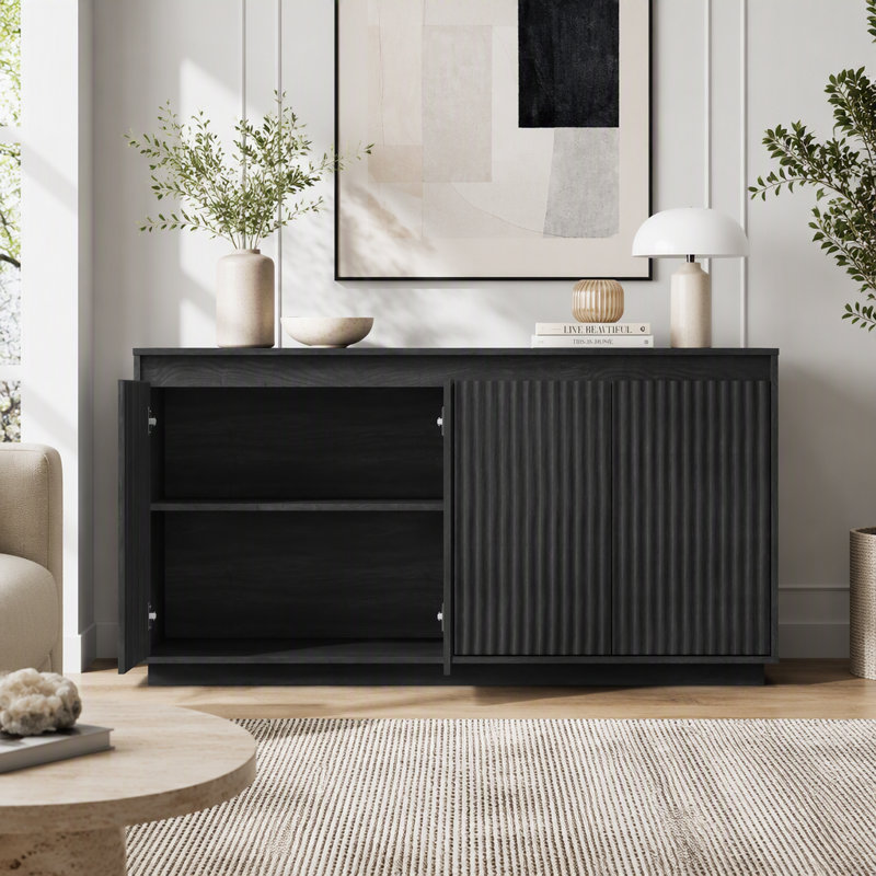 Buffet 4 portes avec prise de courant et portes texturées ondulées, Noir