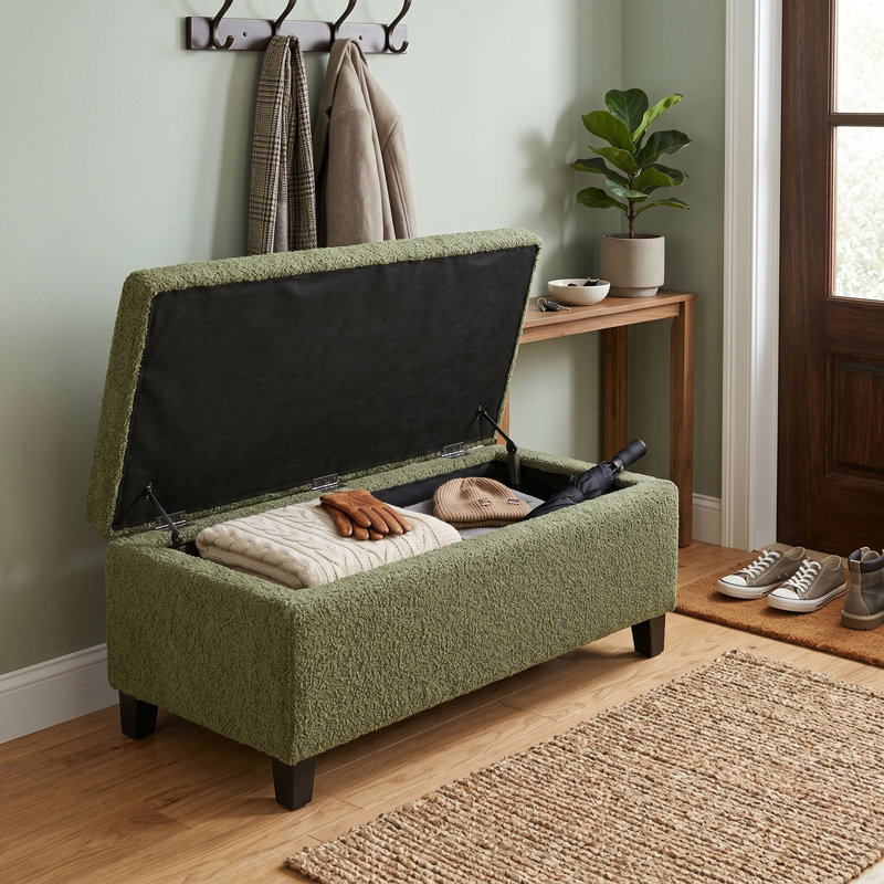 Repose-pieds de rangement avec couvercle rabattable, assemblage facile, pieds bouclés en tissu et bois d'hévéa, vert rétro
