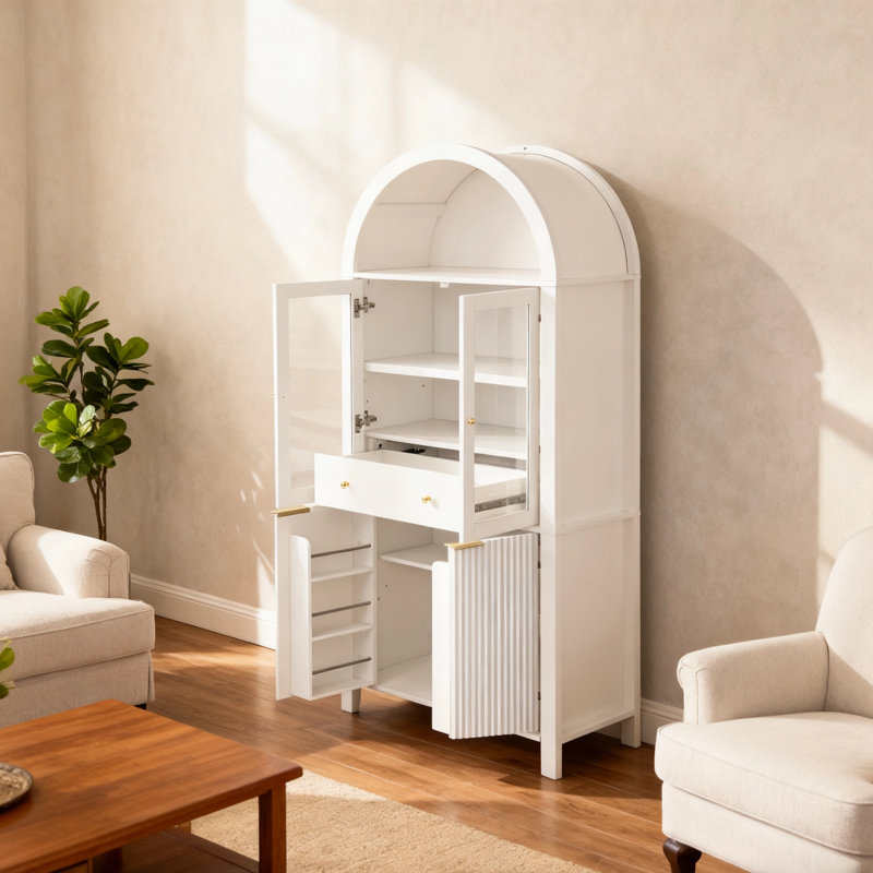 Élégant garde-manger arqué cannelé avec tablettes réglables et tiroir caché, Blanc