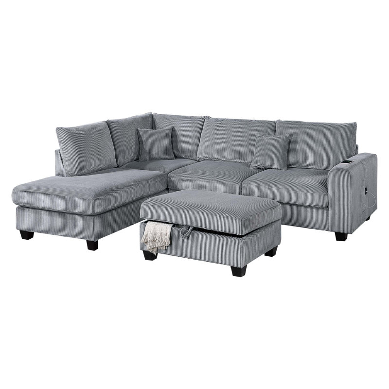 Roe 3Pc Sectional Sofa Set With Chaise, Ottoman, 2 Pillows, Gray Corduroy