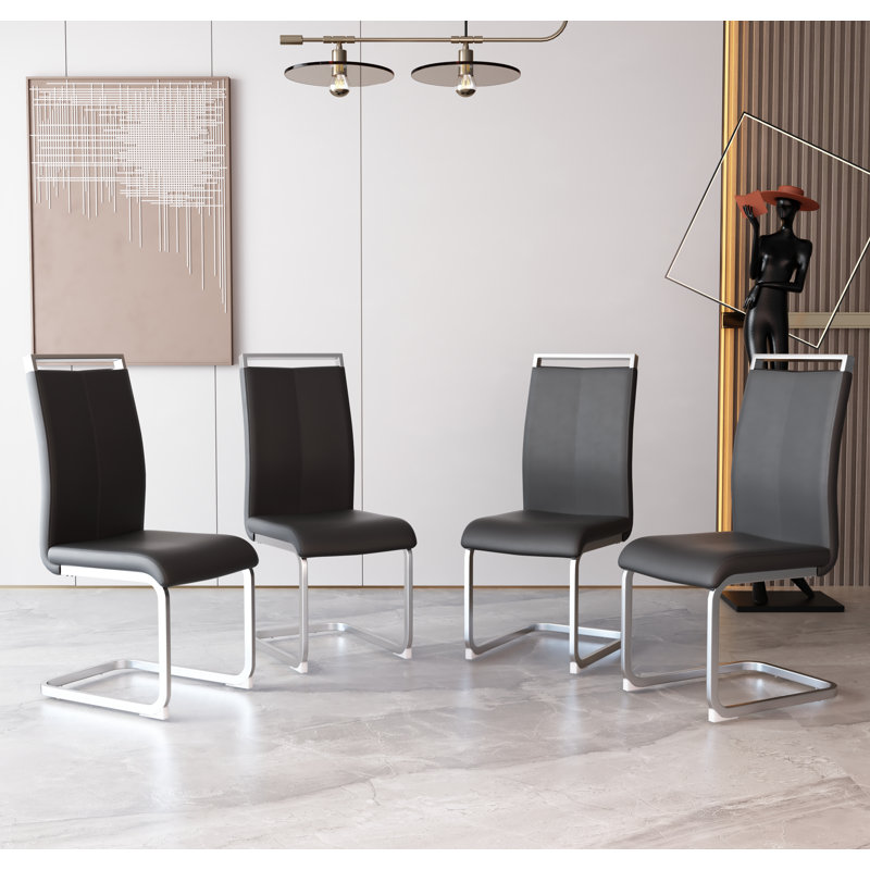 Modern Premium Breathable Top Leather Dining and Conference Chairs with C-shaped Tube Metal Legs, 4, Silver, Black