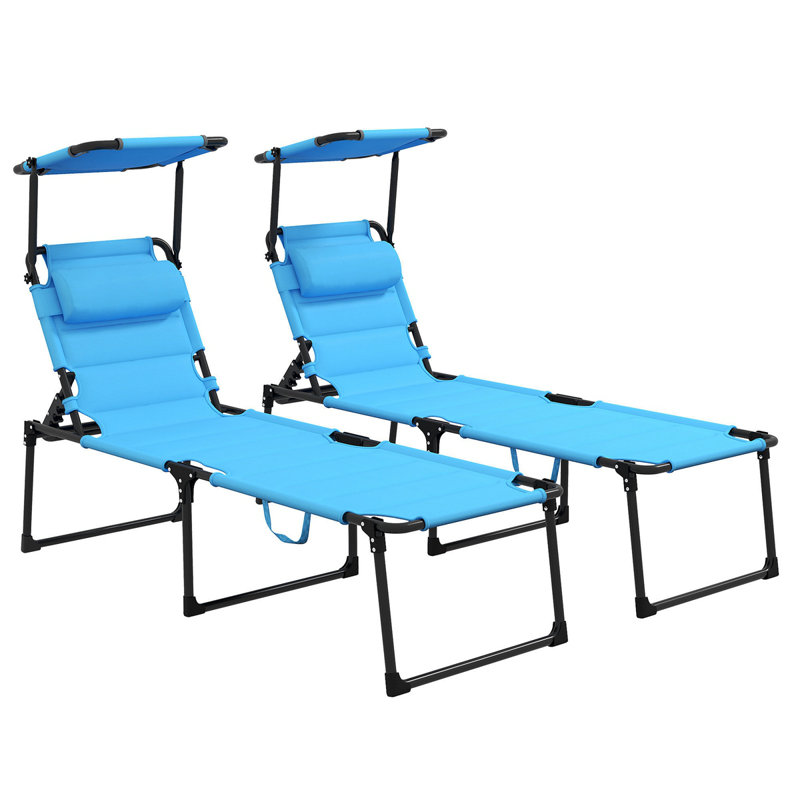 Outsunny 2 Pcs Outdoor Lounge Chair, Adjustable Backrest Folding Chaise Lounge, Cushioned Tanning Chair W/Sunshade Roof & Pillow Headrest For Beach, Camping, Hiking, Light Blue