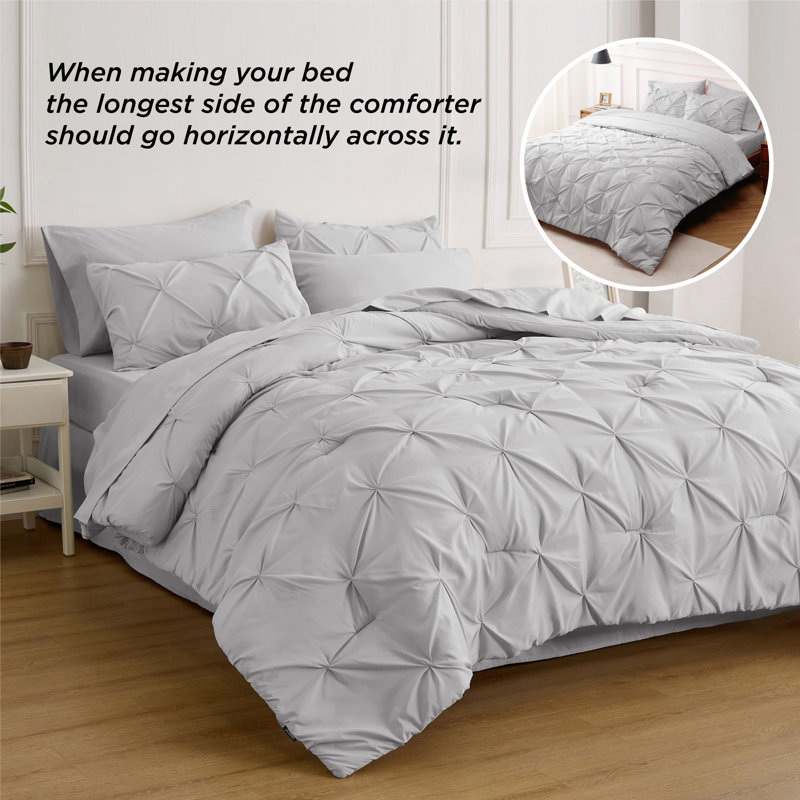 Bedsure Twin/Twin-XL Burgundy Pintuck Bed-in-a-Bag - Light Gray Pinch Pleat Comforter Set with Sheets, Pillowcases & Shams for Dorm Room(Set of 5)