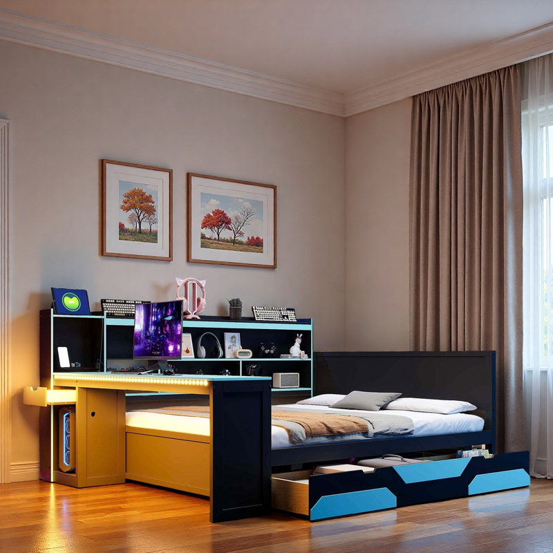 Modern Gaming Daybed With Integrated Desk, Light Strips, Built-in Charging Station, 3 Storage Drawers And Storage Shelves