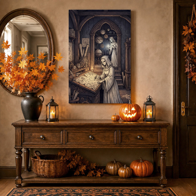 Astrologue à capuchon dessinant une carte du ciel - Toile murale d'Halloween, 30"H x 20"W