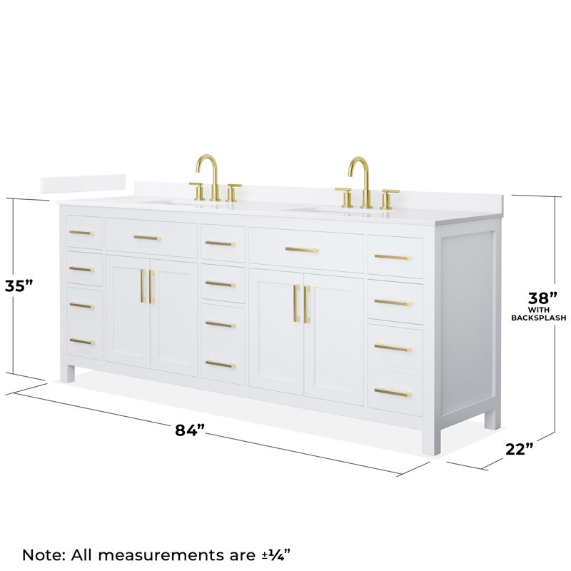 Beckett 84" Freestanding Double Bathroom Vanity with Quartz Top, Brushed Gold, White, White Quartz