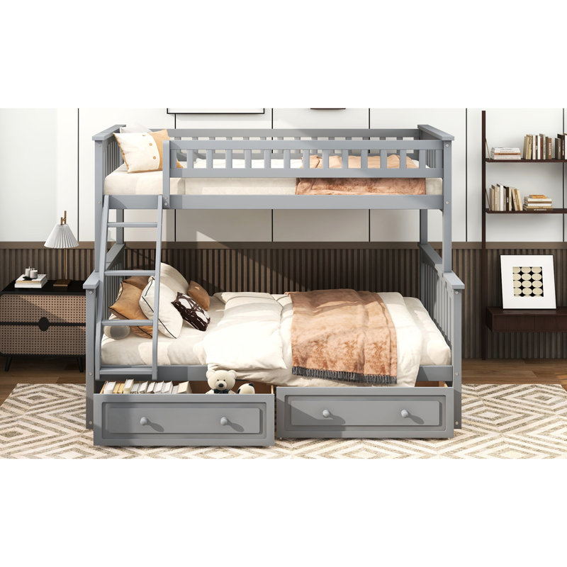 Convertible Twin Over Full Gray Bunk Bed With Drawers, Pine And Build, Reliable Design, Fence - Type Guardrails For Protection, Simple Assembling Endeavor Like