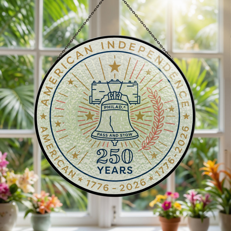 American Independence USA 250th Anniversary Merchandise Glass Window Panel for Home  Decor，12"H, 12"H