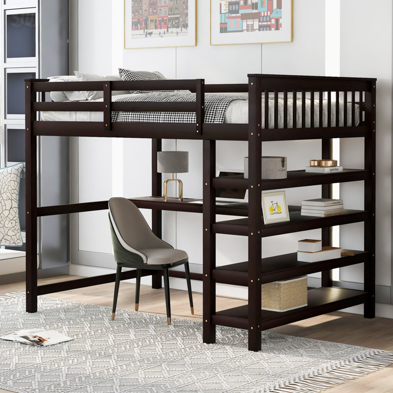Lit mezzanine avec tablettes de rangement, Lit double, Espresso