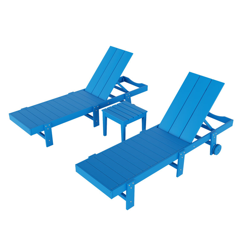 Joubert 77.6" Long Outdoor All-Weather Poly Reclining Single Chaise Set with Table, Pacific Blue