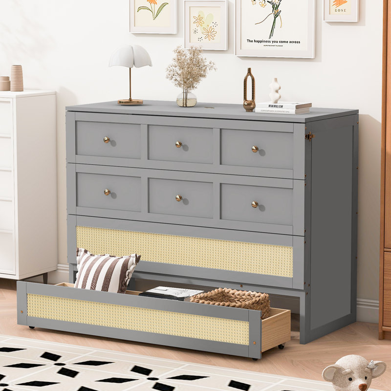 Lit escamotable pleine grandeur avec grands tiroirs de rangement, armoire-lit peu encombrante, conception en rotin, capacité de 450 lb, gris