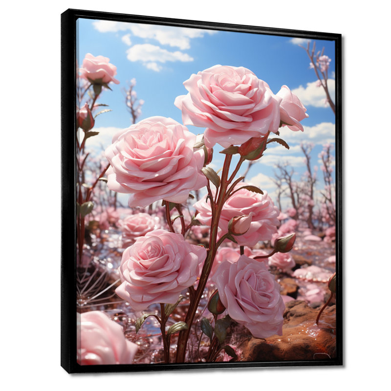Rose rose vibrant bleu ciel - Roses, art mural salon, Toile avec cadre flottant noir, H 40 po x l 30 po x P 1,5 po