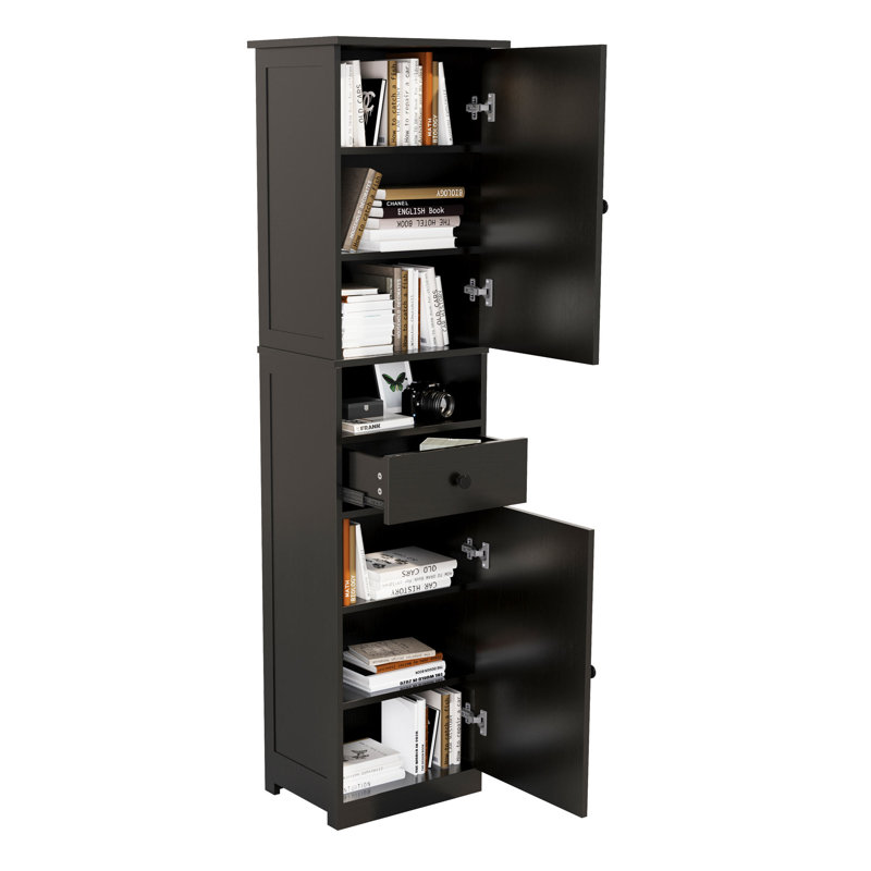 Bathroom Tall Thin White Storage Cabinet with 3 Adjustable Shelves, Double Doors, Black