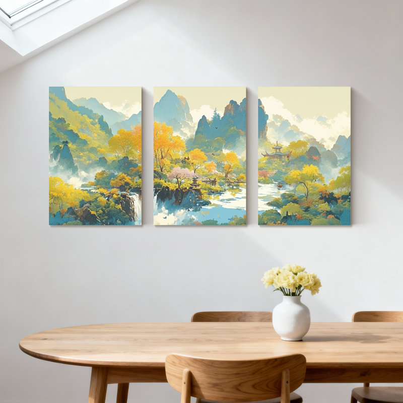 Paysage et nature, paysage de montagne, automne, rivière, reflet, pavillon, arbres, nuages, ensemble de 3 impressions sur toile