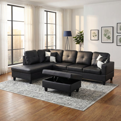 Canapé modulaire en forme de L en similicuir noir avec repose-pieds de rangement, méridienne réversible, canapé d'angle rembourré à 5 places pour le salon, appartement