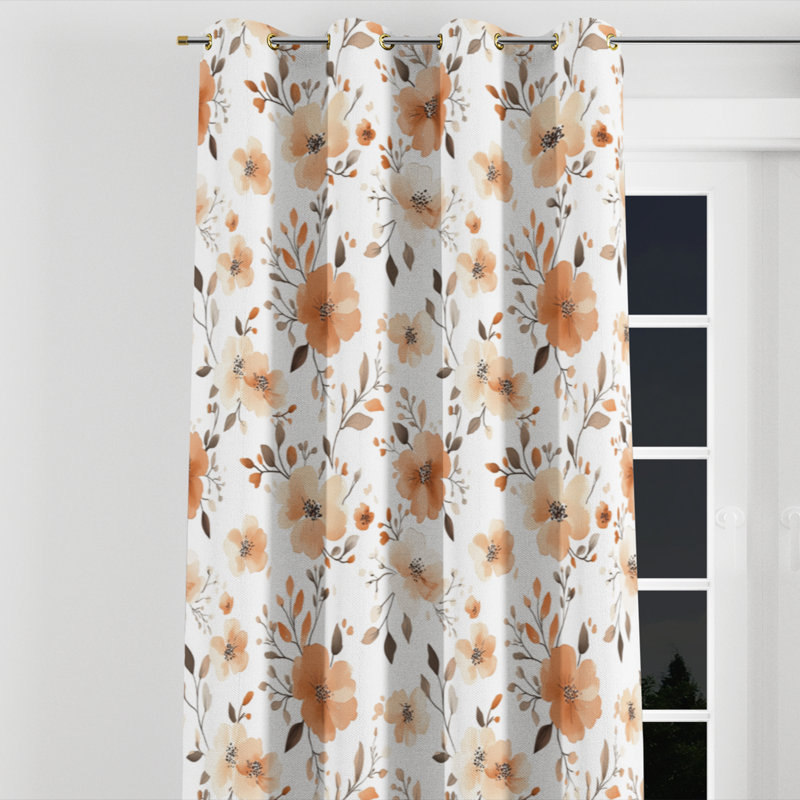 Rideaux à motif floral - Rideau à œillets orange Boluwaduro - 1 panneau, L 52 po x L 120 po, Œillets dorés