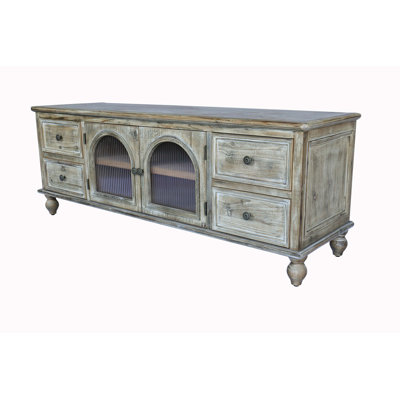 Meuble télé 60 po avec 4 tiroirs et 2 portes vitrées, console multimédia en bois rustique, meuble télé patiné naturel